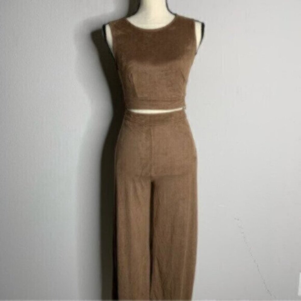 Vintage Mocha Suede Two Piece Pants Set - Crop Top - Picture 3 of 4